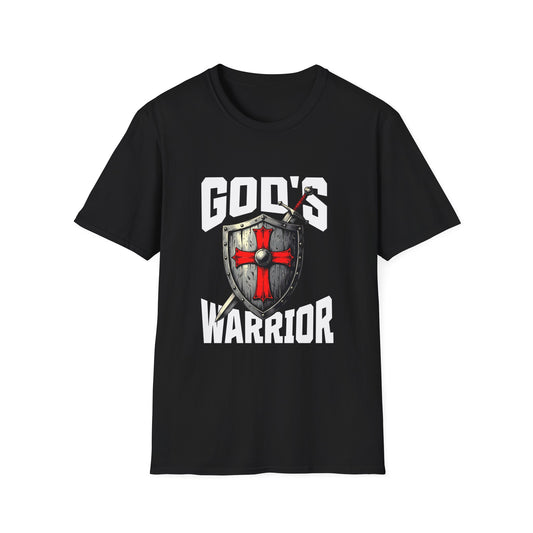 Black t-shirt with 'God's Warrior' graphic design on a white background