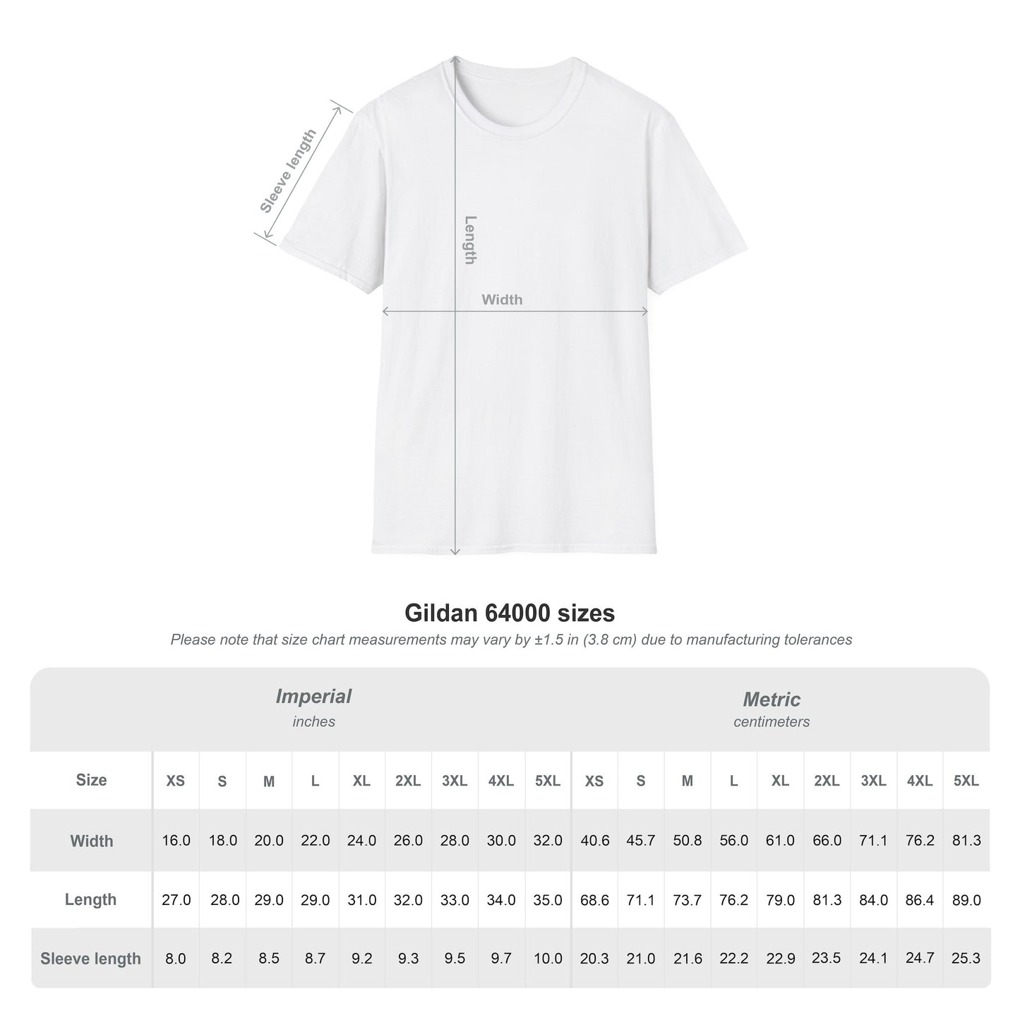 White t-shirt with size chart measurements on a white background