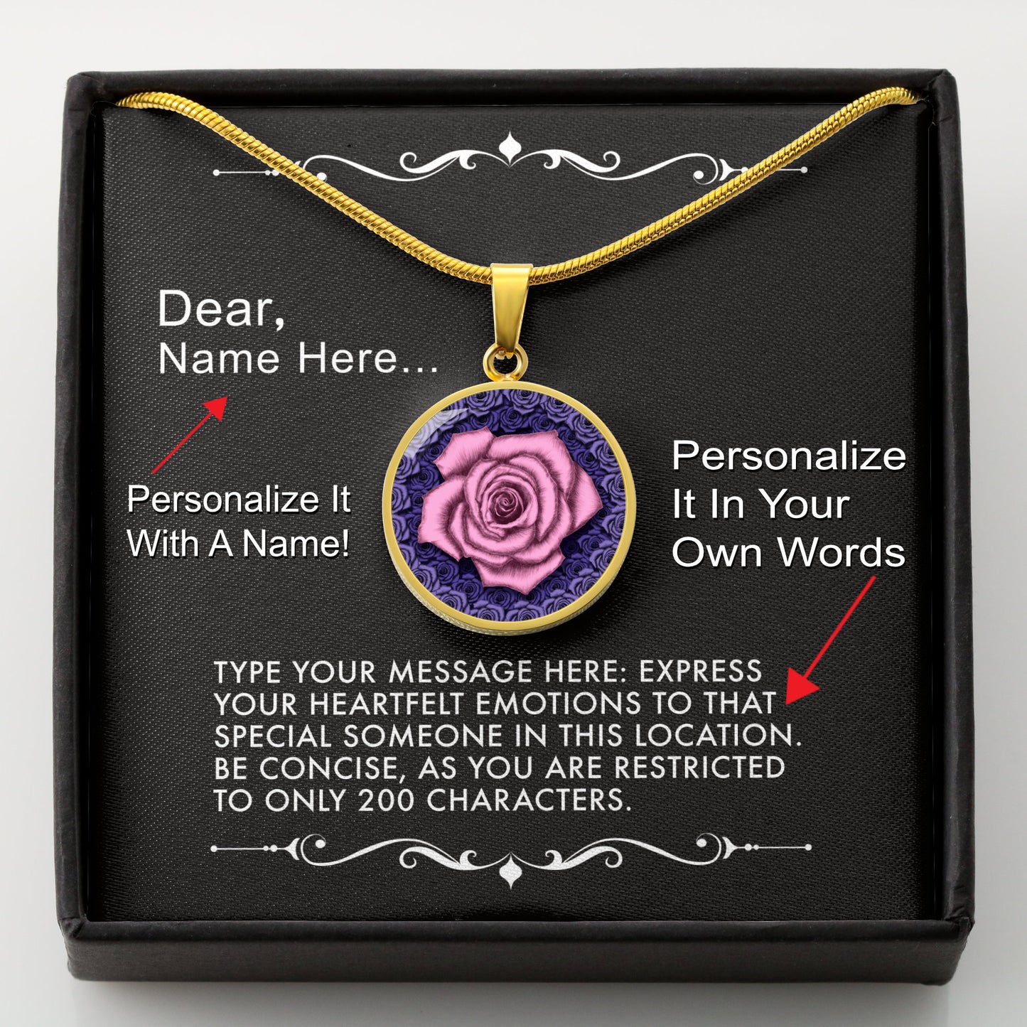 Gold necklace with a pink rose pendant in a box with a message card that can be personalized.