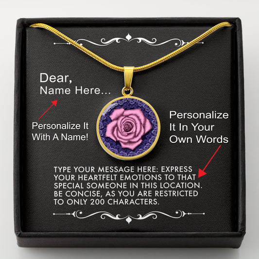 Gold necklace with a pink rose pendant in a box with a message card that can be personalized.