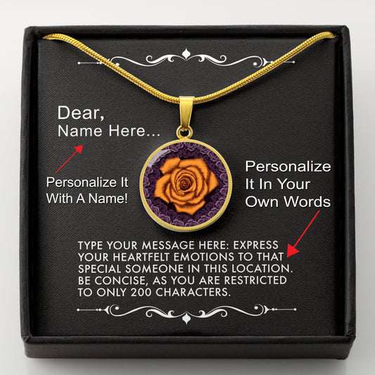 Gold necklace with an orange rose pendant in a box with a message card that can be personalized.