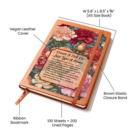 Colorful carnations on a vegan leather journal and text with dimensions, on a white background.