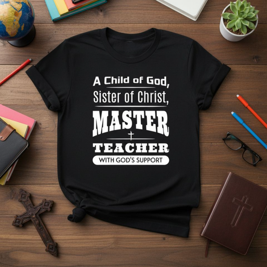Black t-shirt with motivational quote on a wooden surface with educational items.