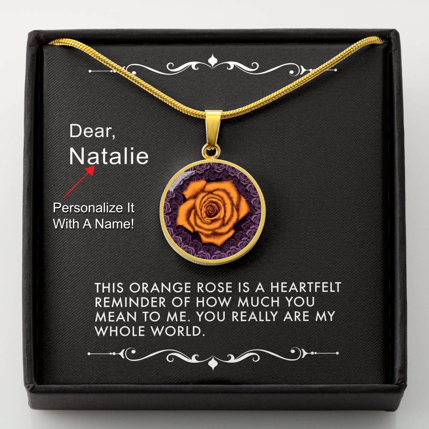 Gold necklace with an orange rose pendant in a box with a message card that can be personalized.