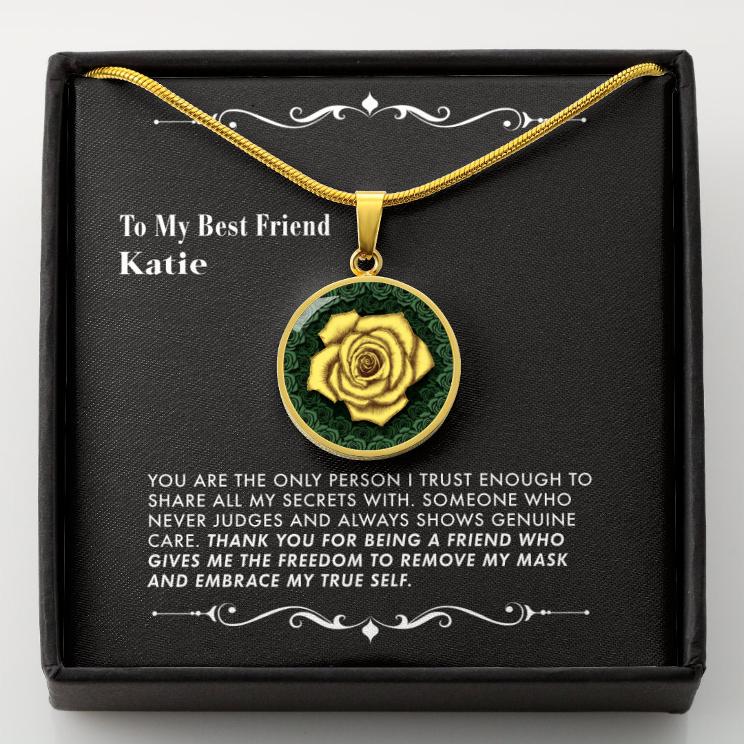 Necklace with a yellow rose pendant in a black gift box with a message card.