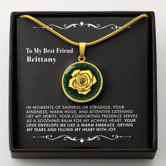 Necklace with a yellow rose pendant in a black gift box with a message card.