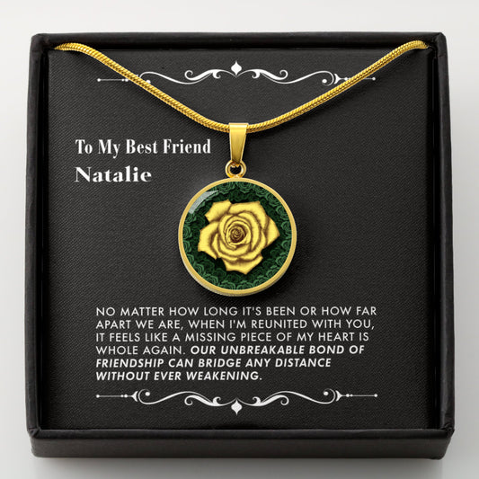 Necklace with a yellow rose pendant in a black gift box with a message card.
