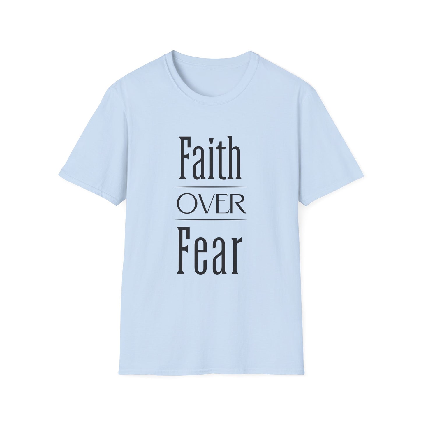 Light blue t-shirt with 'Faith Over Fear' text on a white background