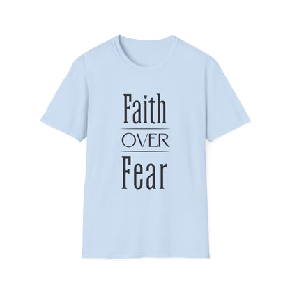 Light blue t-shirt with 'Faith Over Fear' text on a white background