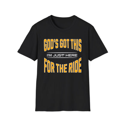 Black t-shirt with yellow and white text on a white background