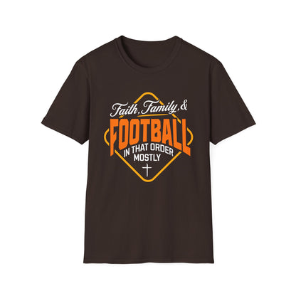 Brown t-shirt with 'Faith Family & Football In That Order Mostly' text design on a white background