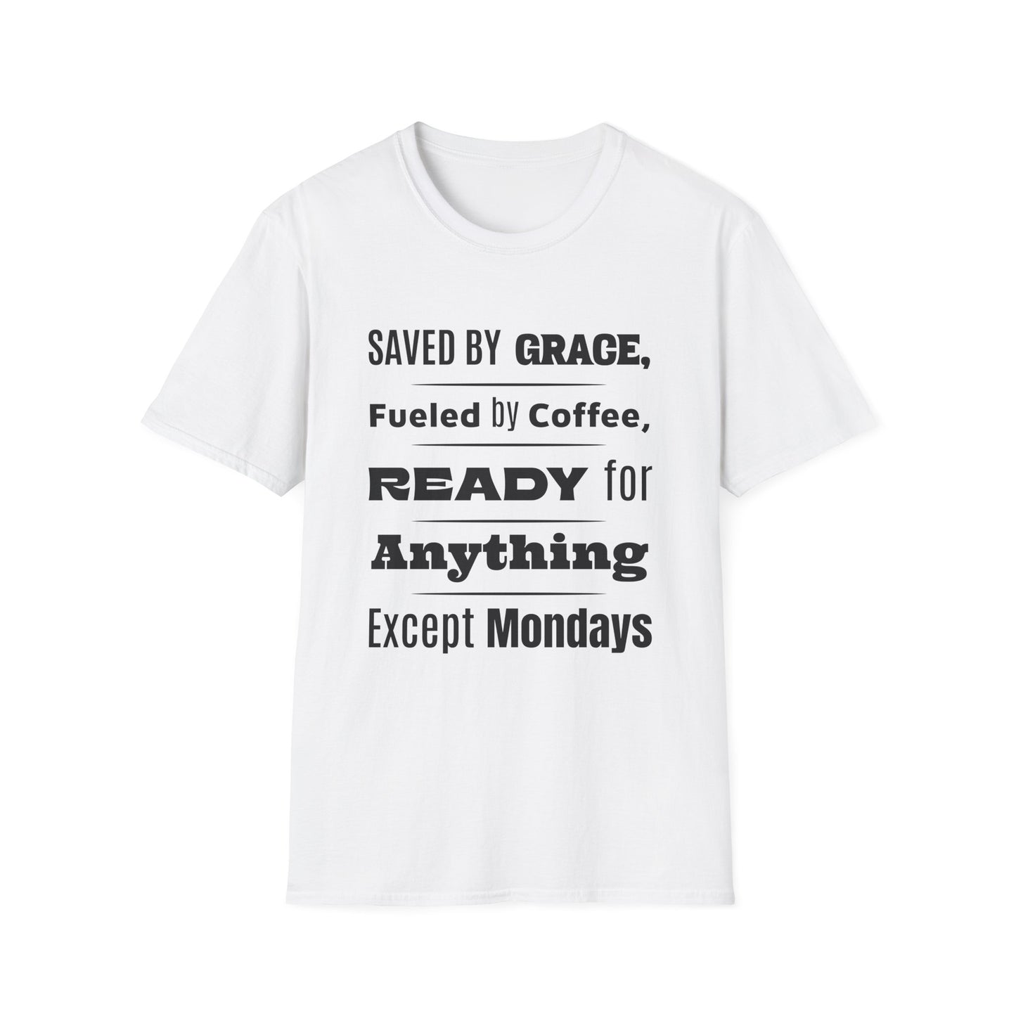 White t-shirt with black text on a white background
