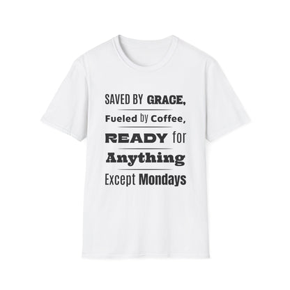 White t-shirt with black text on a white background