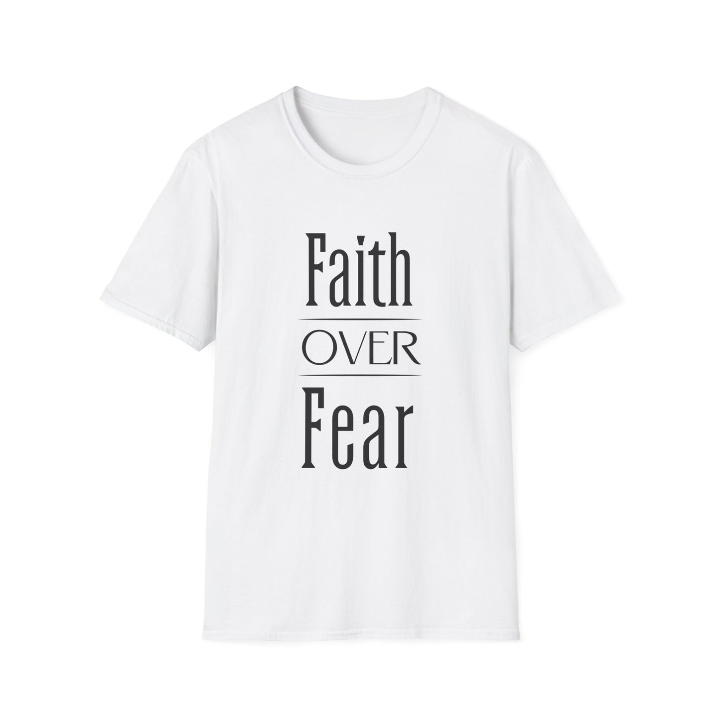 White t-shirt with 'Faith Over Fear' text on a white background