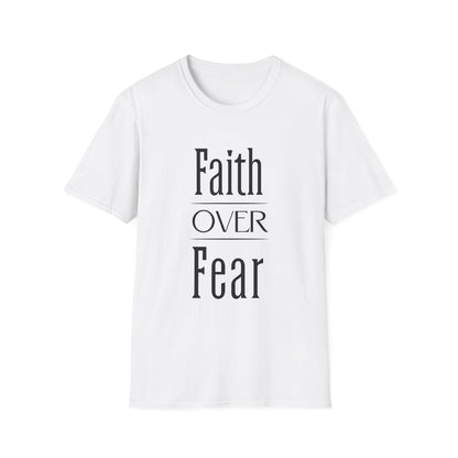 White t-shirt with 'Faith Over Fear' text on a white background