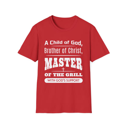 Red t-shirt with white text on a white background