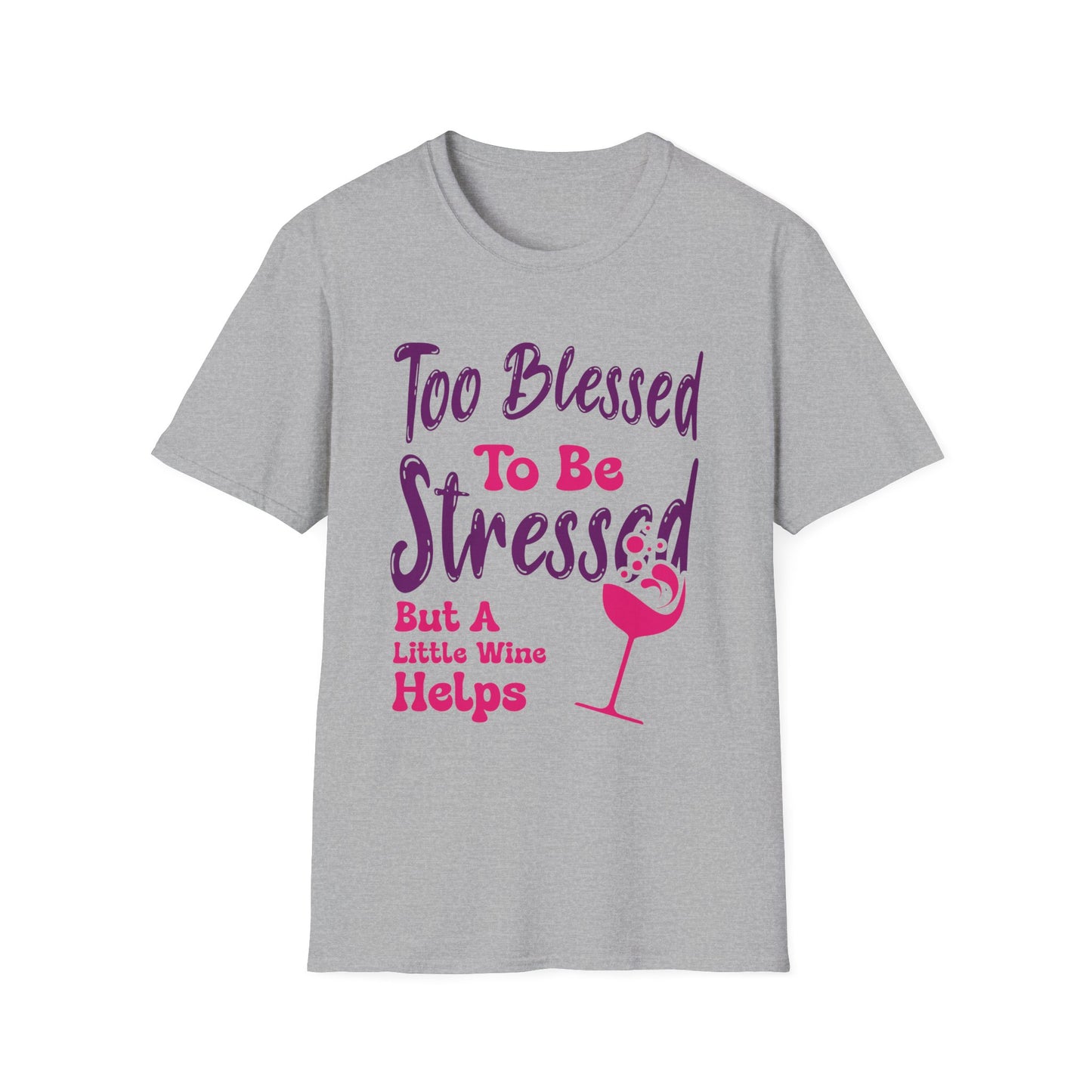 Gray t-shirt with purple and pink text and a wine glass graphic on a white background