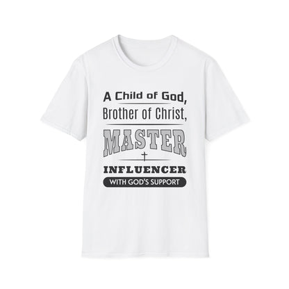 White t-shirt with black text on a white background