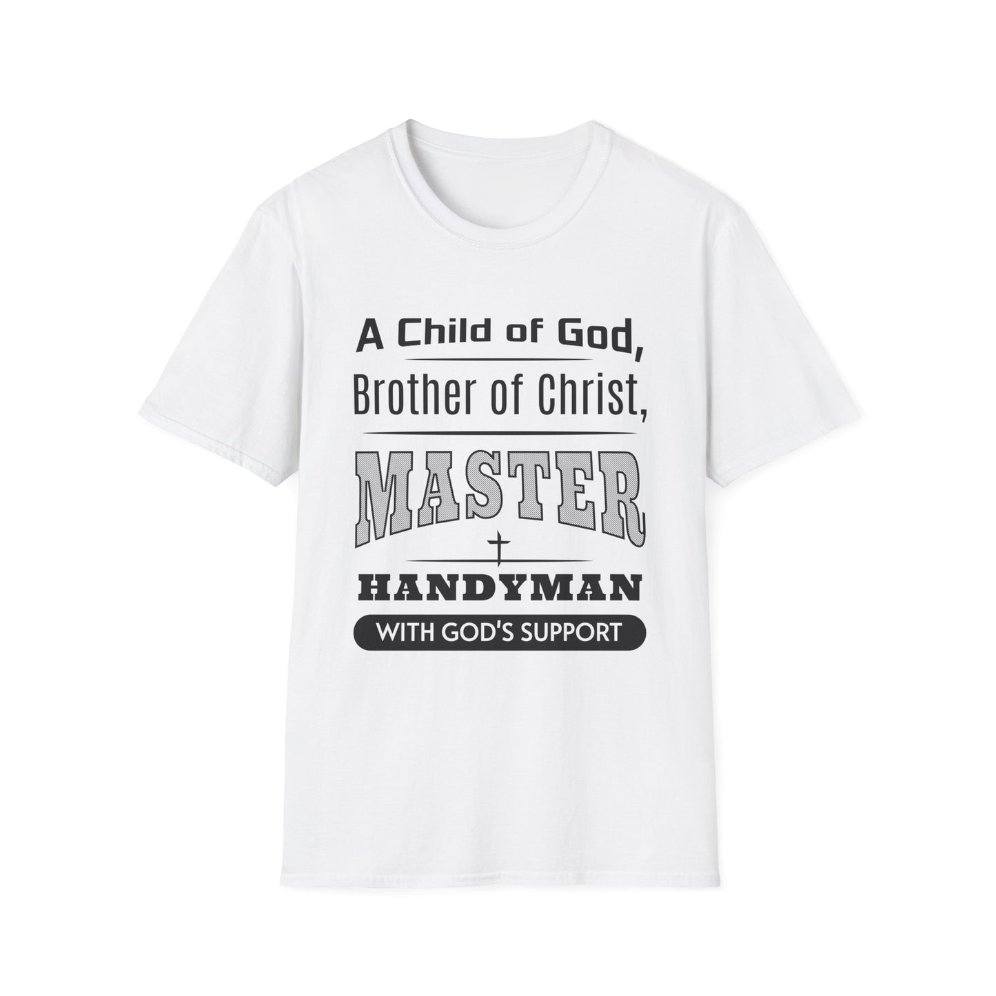 White t-shirt with black text on a white background