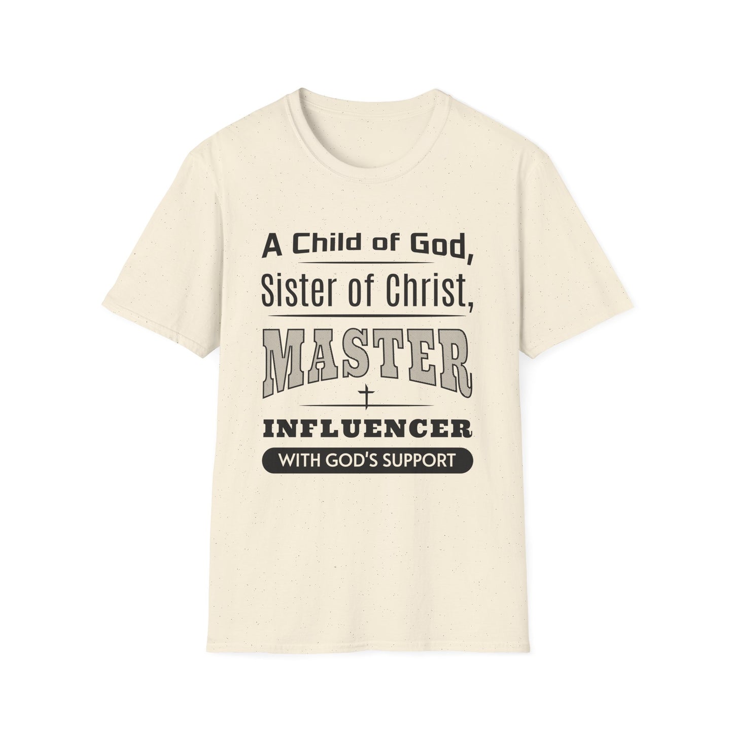 Beige t-shirt with black text on a white background