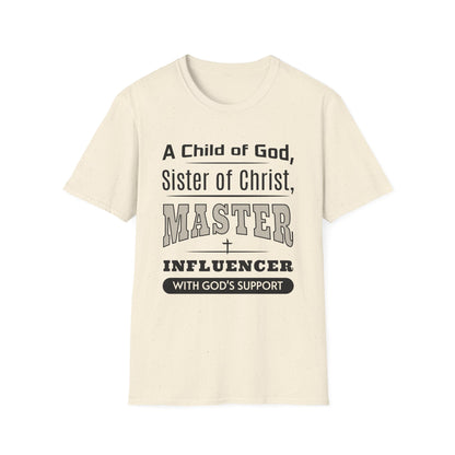 Beige t-shirt with black text on a white background