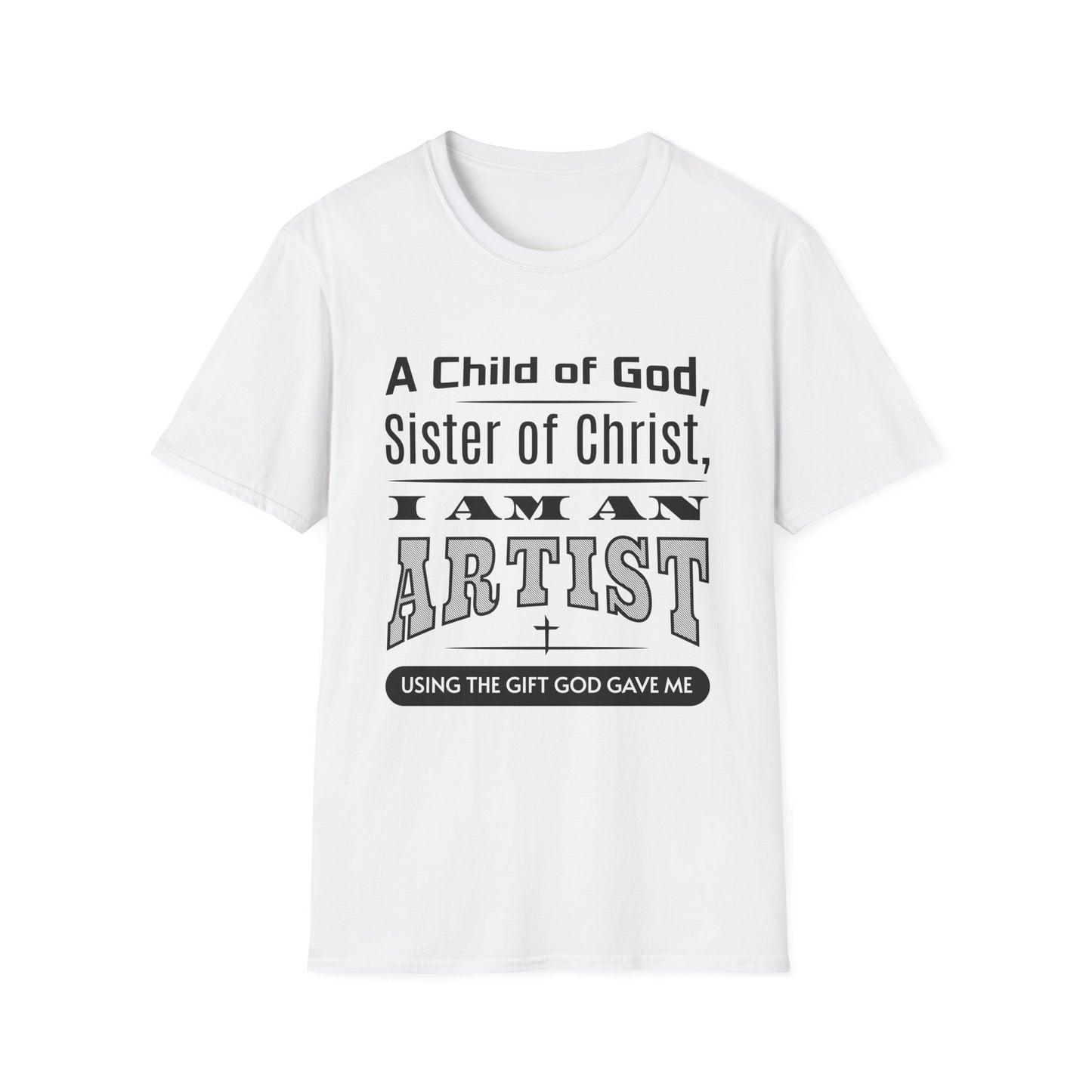 White t-shirt with black text on a white background