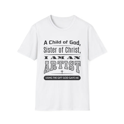 White t-shirt with black text on a white background