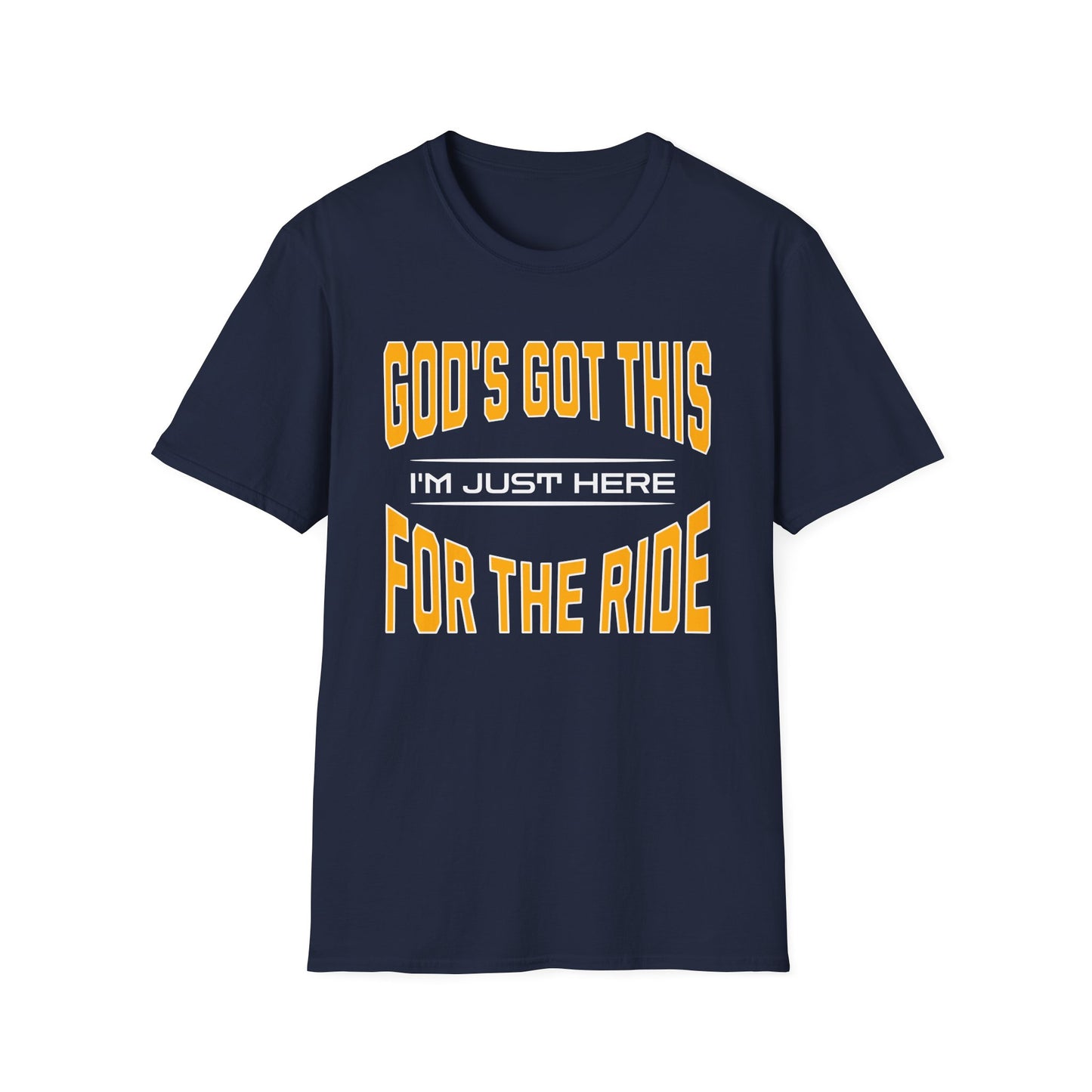 Navy blue t-shirt with yellow and white text on a white background
