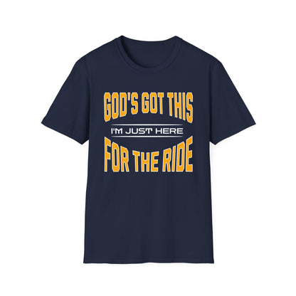 Navy blue t-shirt with yellow and white text on a white background