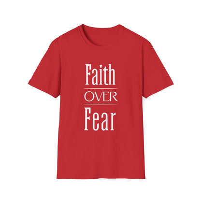 Red t-shirt with 'Faith OVER Fear' text on a white background
