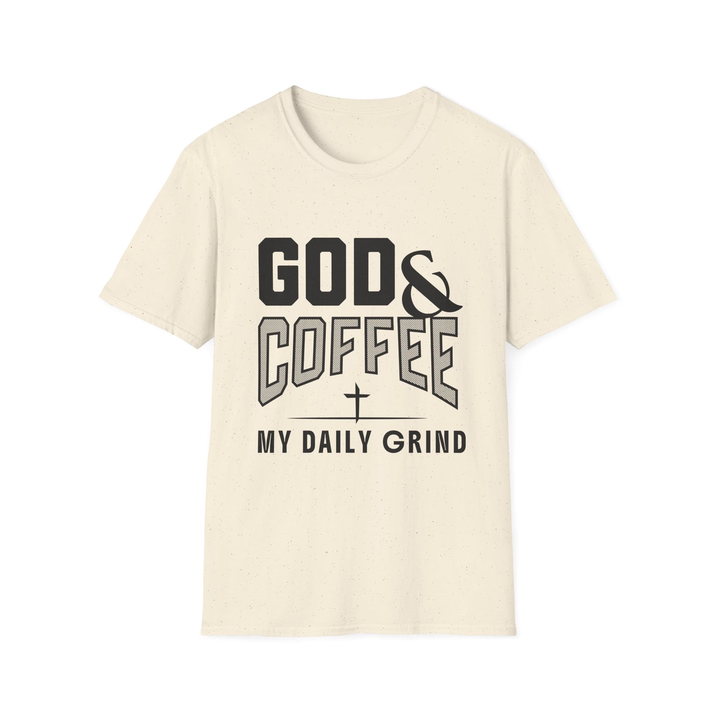 Beige t-shirt with black text 'GOD & COFFEE MY DAILY GRIND' on a white background