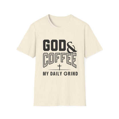 Beige t-shirt with black text 'GOD & COFFEE MY DAILY GRIND' on a white background