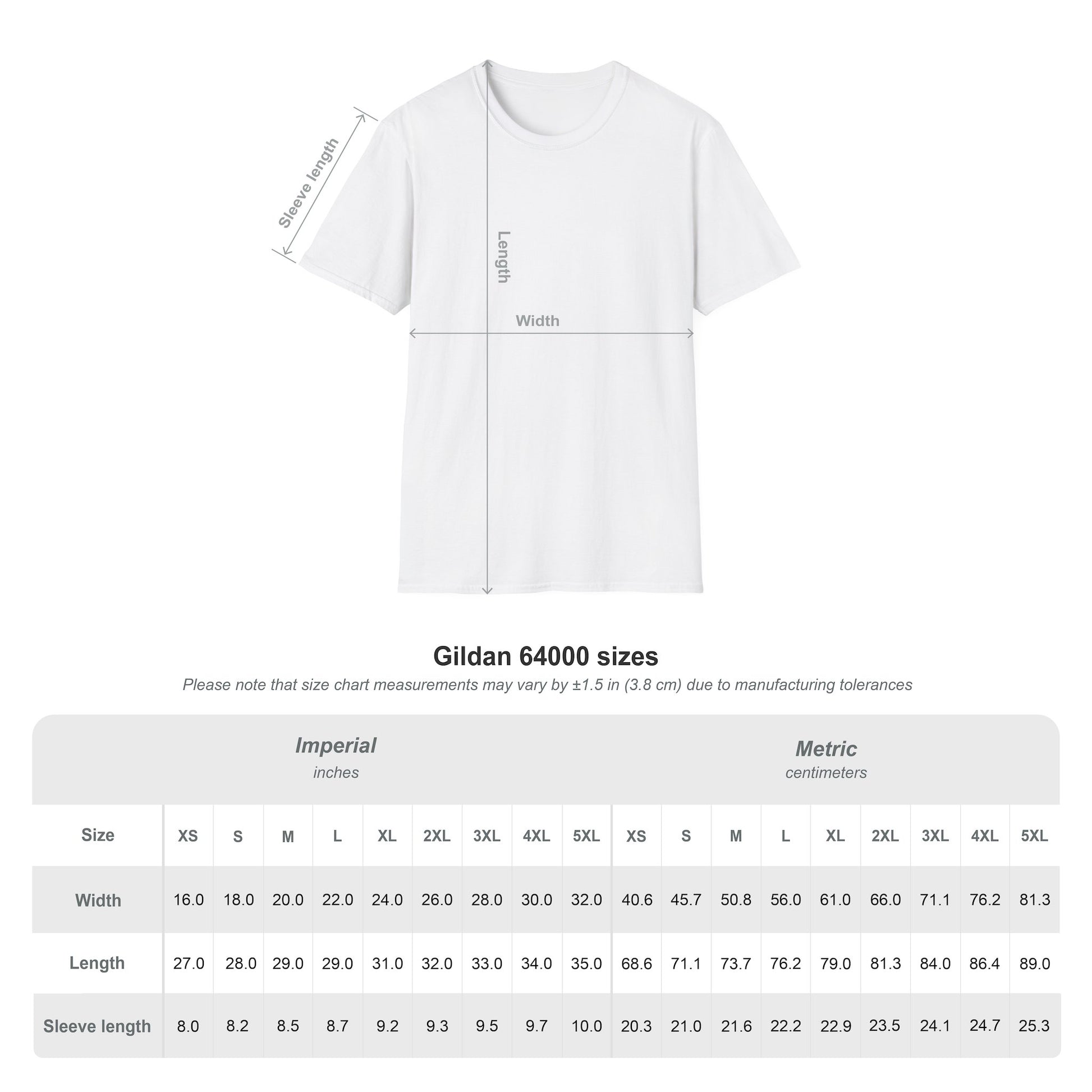 White t-shirt with size chart measurements on a white background