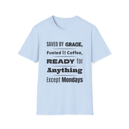 Light blue t-shirt with black text on a white background