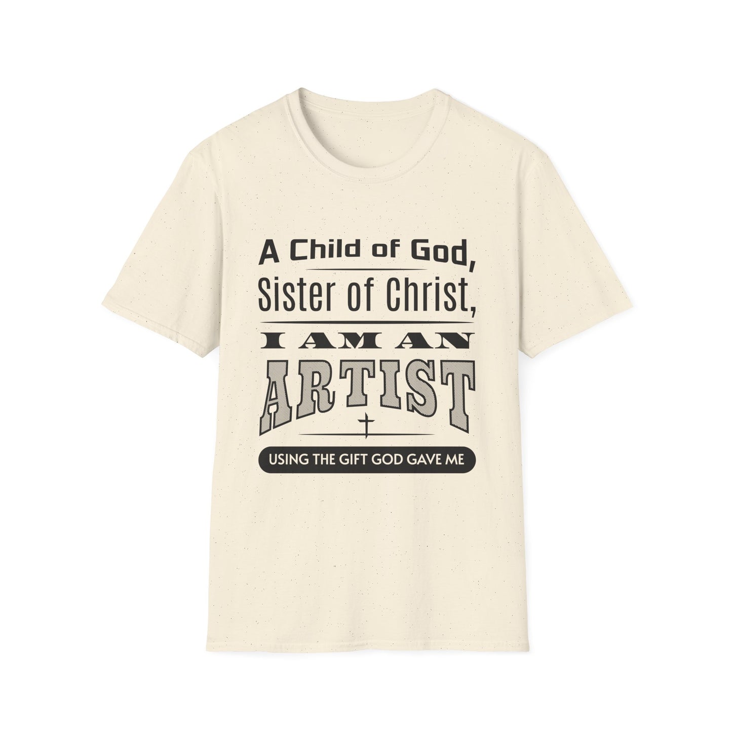 Beige t-shirt with black text on a white background