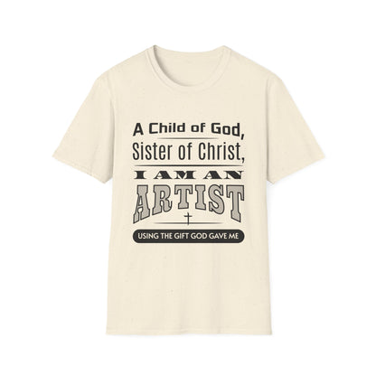 Beige t-shirt with black text on a white background