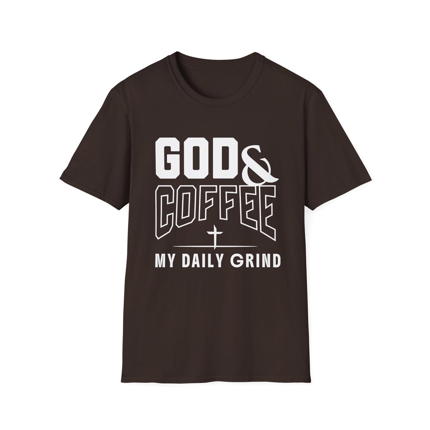 Black t-shirt with 'GOD & COFFEE MY DAILY GRIND' text on a white background