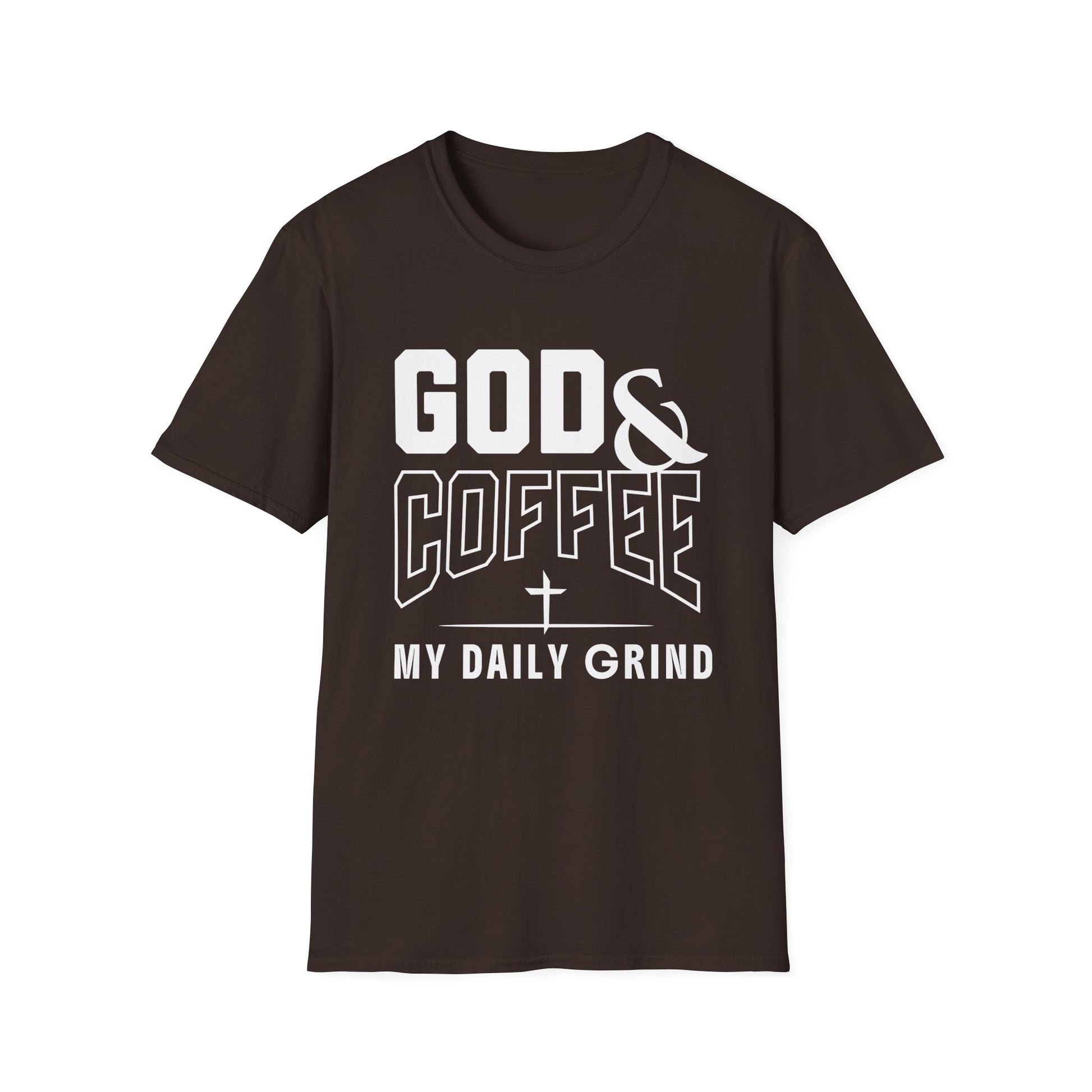Black t-shirt with 'GOD & COFFEE MY DAILY GRIND' text on a white background