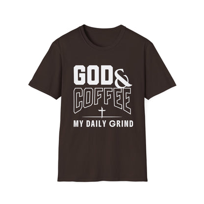 Black t-shirt with 'GOD & COFFEE MY DAILY GRIND' text on a white background