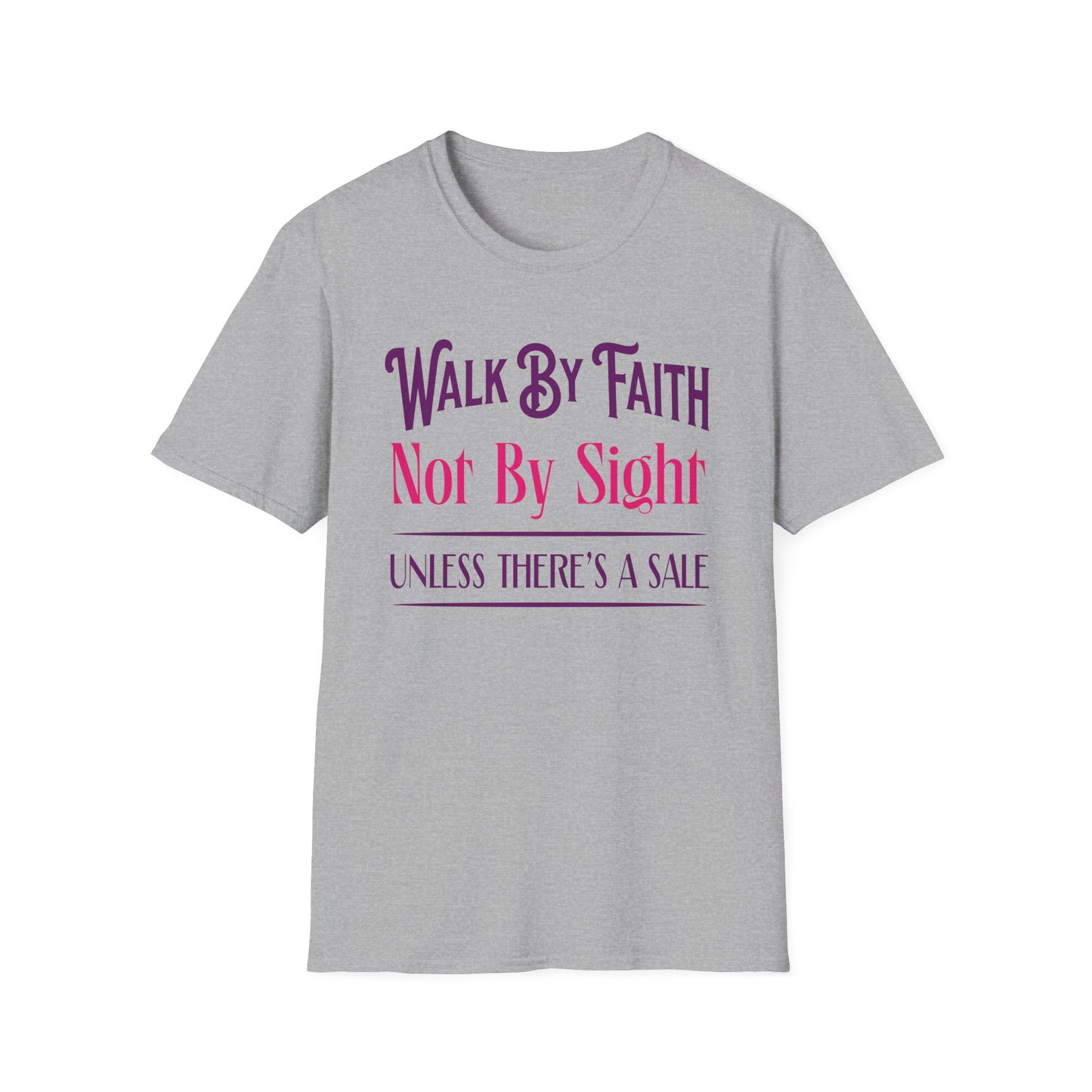 Gray t-shirt with purple and pink text on a white background