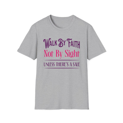 Gray t-shirt with purple and pink text on a white background