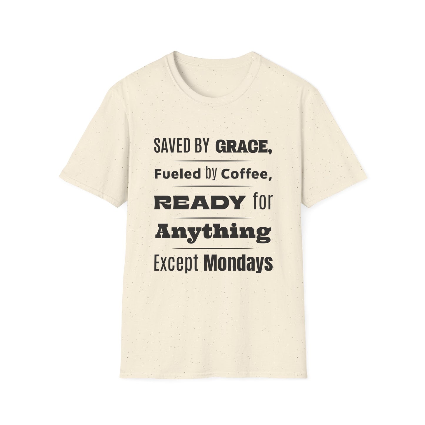 Beige t-shirt with black text on a white background