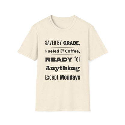 Beige t-shirt with black text on a white background