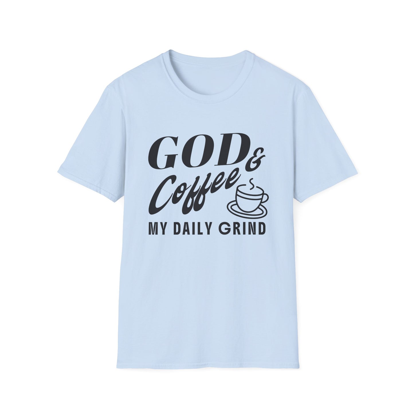 Light blue t-shirt with 'God & Coffee = My Daily Grind' text on a white background