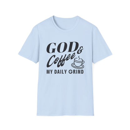 Light blue t-shirt with 'God & Coffee = My Daily Grind' text on a white background