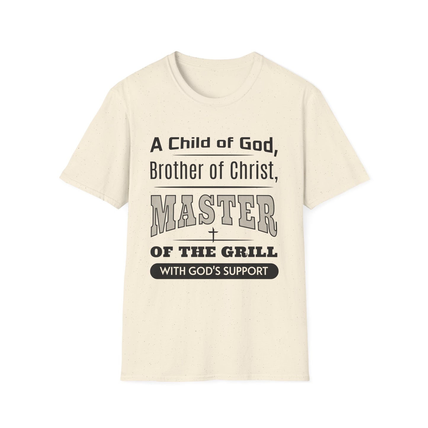 Beige t-shirt with black text on a white background