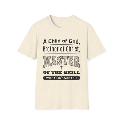 Beige t-shirt with black text on a white background