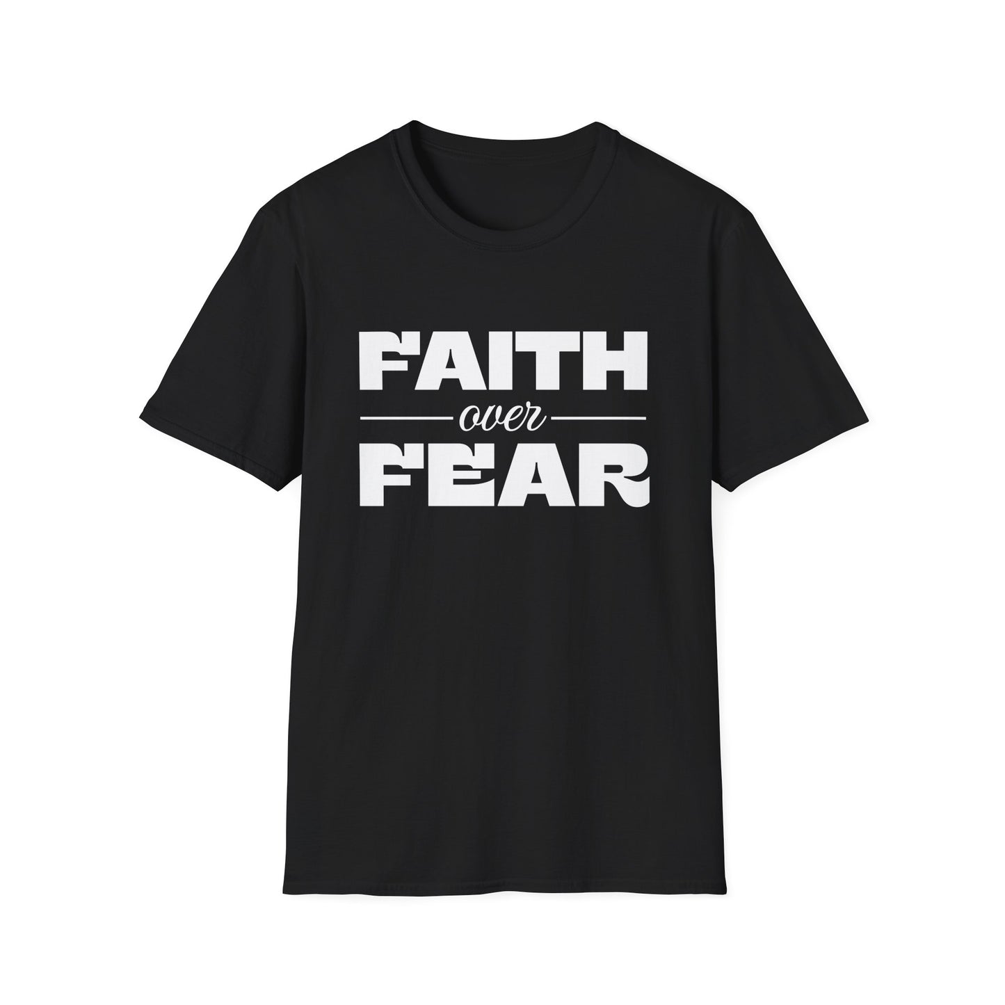 Black t-shirt with 'Faith over Fear' text on a white background