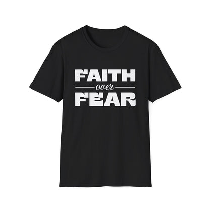 Black t-shirt with 'Faith over Fear' text on a white background
