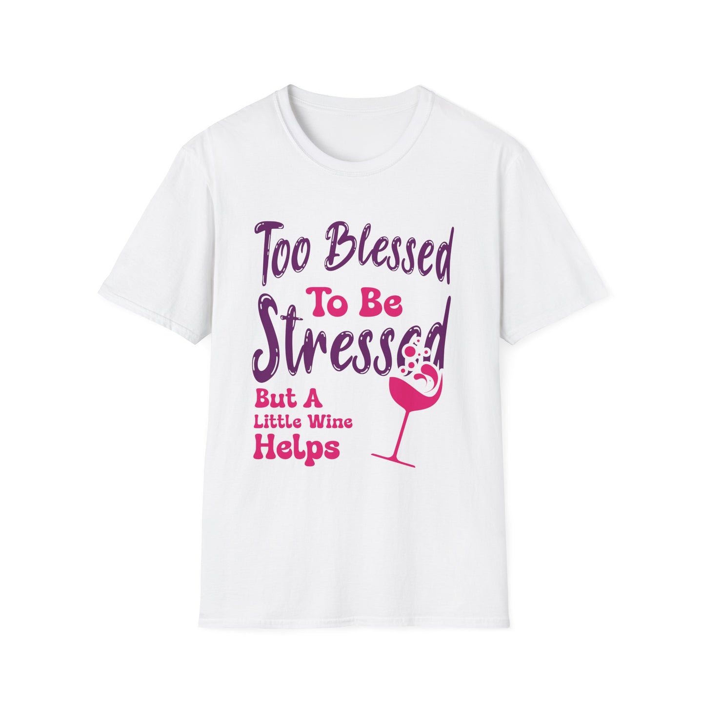 White t-shirt with purple and pink text and a wine glass graphic on a white background
